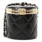 Metal Lambskin Quilted Mini Lock Frame Vanity Clutch Black