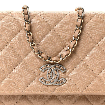 Caviar Quilted Crystal CC Wallet On Chain WOC Beige