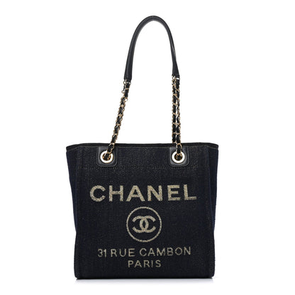 Lurex Canvas Mini Deauville Tote Navy Blue Gold