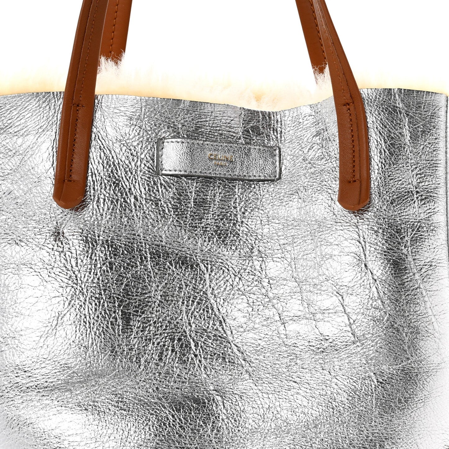 Metallic Lambskin Shearling Medium Phantom Cabas Reversible Tote Natural Silver