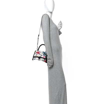 X GUCCI Canvas Boarded Plutone Calfskin Flora Logo Print Small Hourglass Top Handle Bag White Multicolor Black