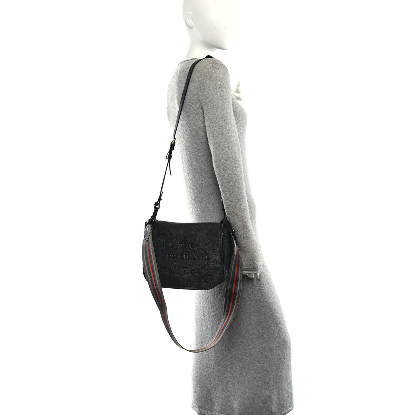 Vitello Daino Embossed Logo Flap Shoulder Bag Black