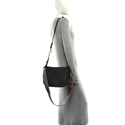 Vitello Daino Embossed Logo Flap Shoulder Bag Black