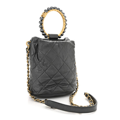 Metallic Lambskin Quilted Pearl Crown Drawstring Bag Anthracite