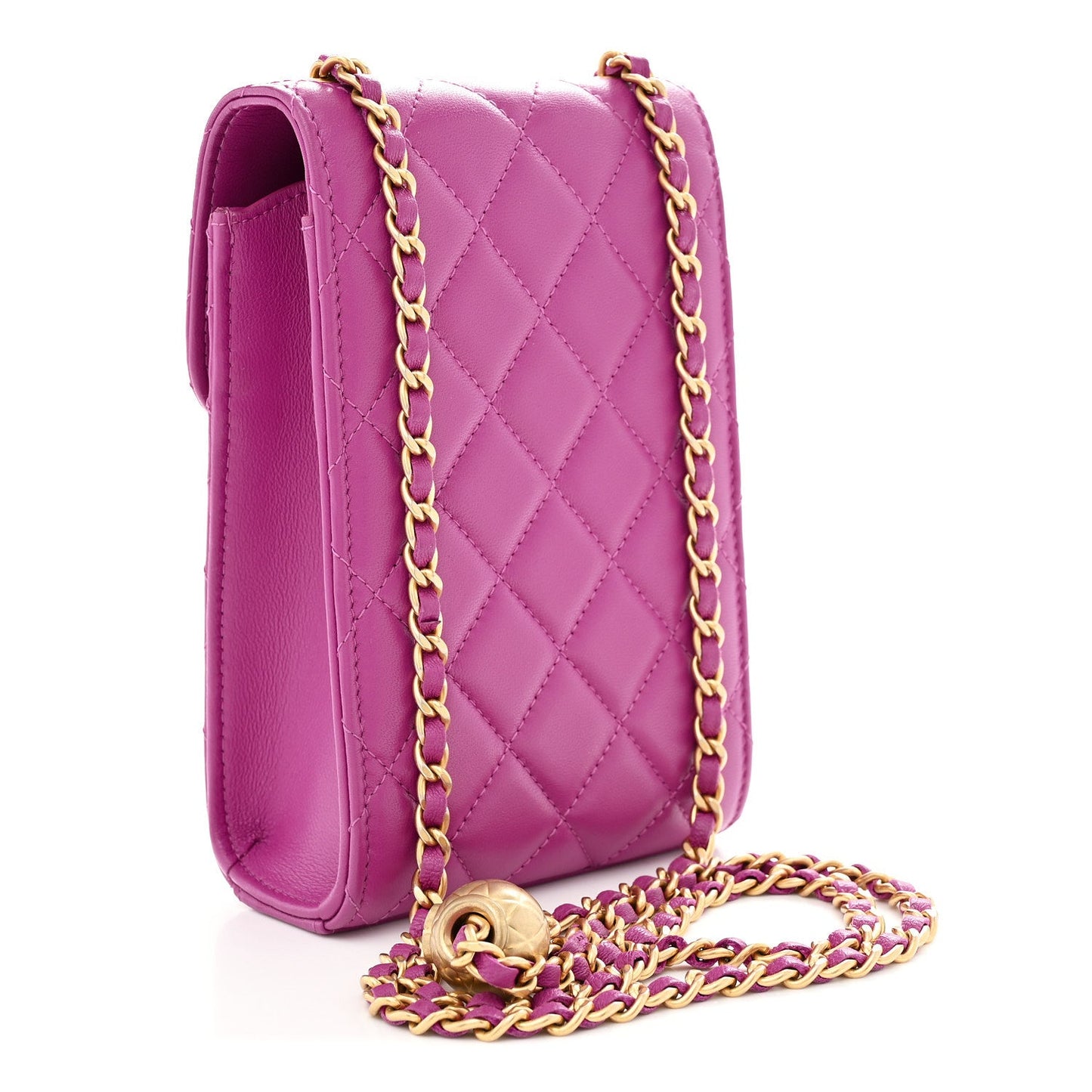 Lambskin Quilted Pearl Crush Phone Holder With Chain Purple