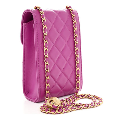 Lambskin Quilted Pearl Crush Phone Holder With Chain Purple