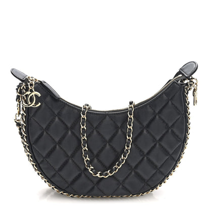 Lambskin Quilted Small Hobo Bag Black