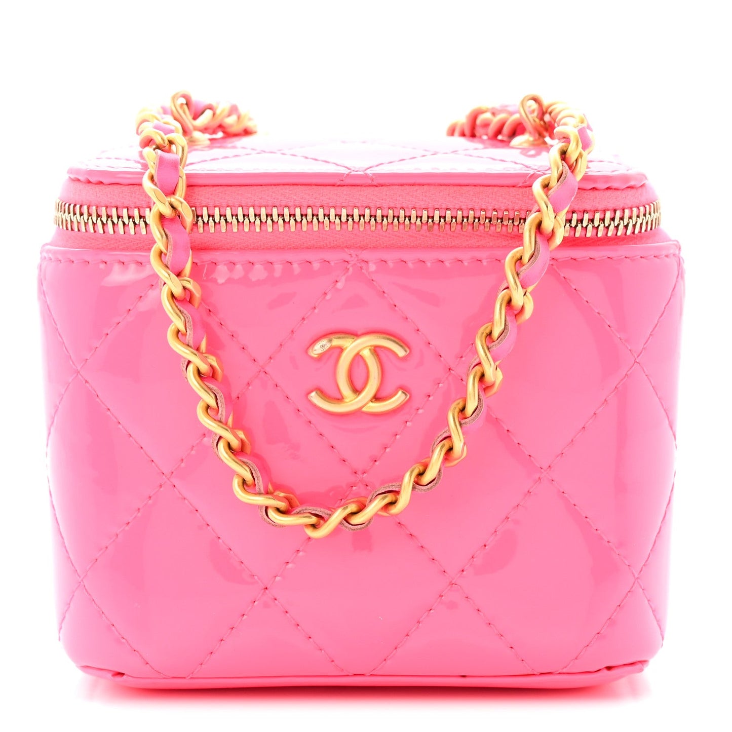 Patent Quilted Pearl Crush Mini Vanity Case With Chain Neon Pink