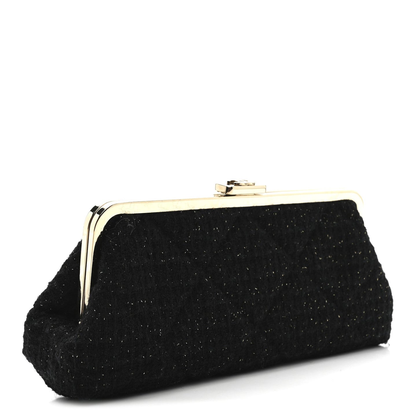 Tweed Quilted Kiss Lock Clutch Black