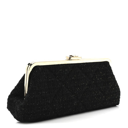 Tweed Quilted Kiss Lock Clutch Black