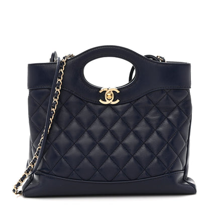 Shiny Crumpled Calfskin Quilted Mini 31 Shopping Bag Navy Blue