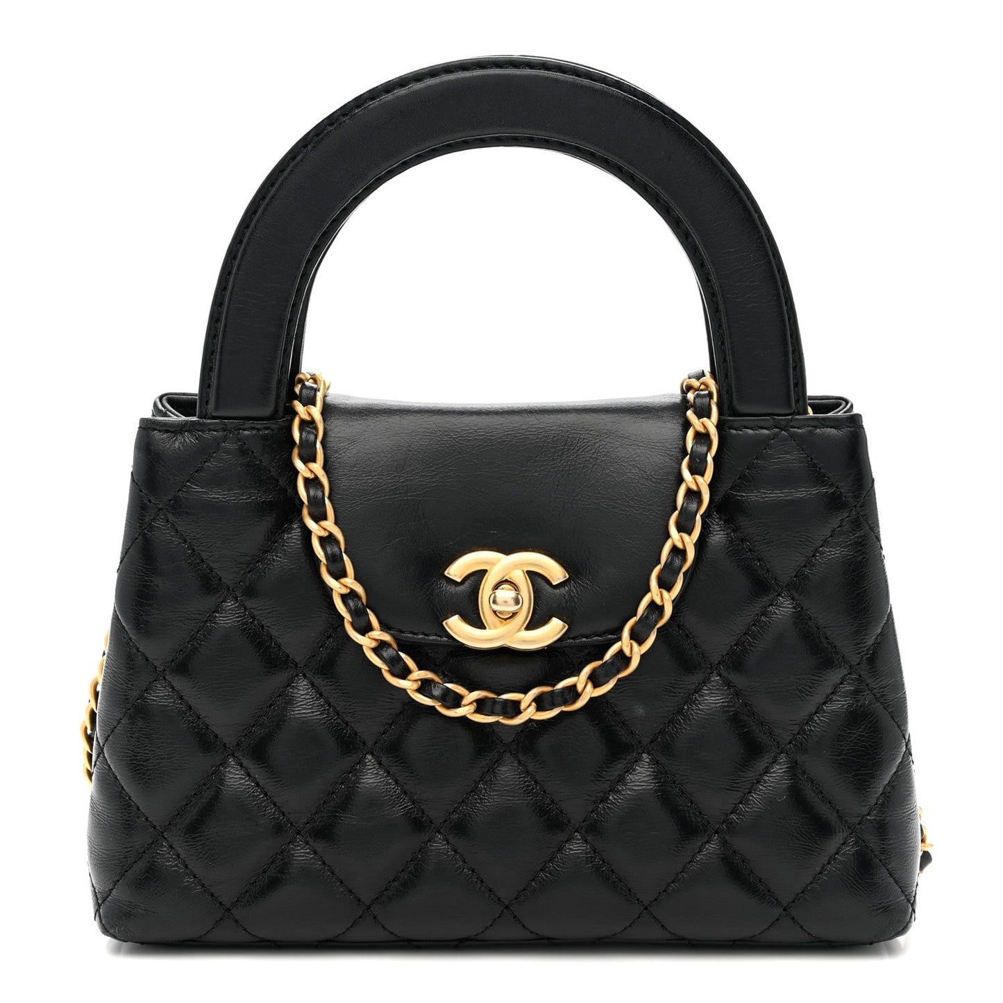 Shiny Aged Calfskin Quilted Nano Kelly Shopper Black