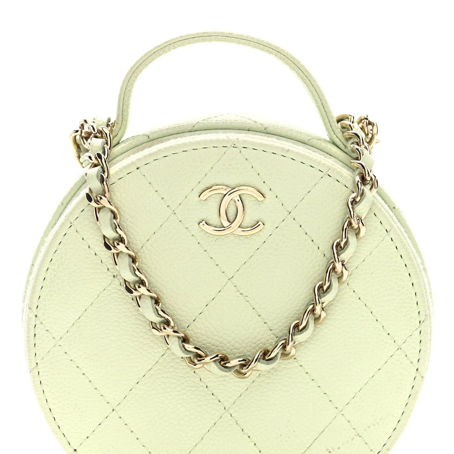 Caviar Quilted Round Handle With Care Vanity With Chain Light Green