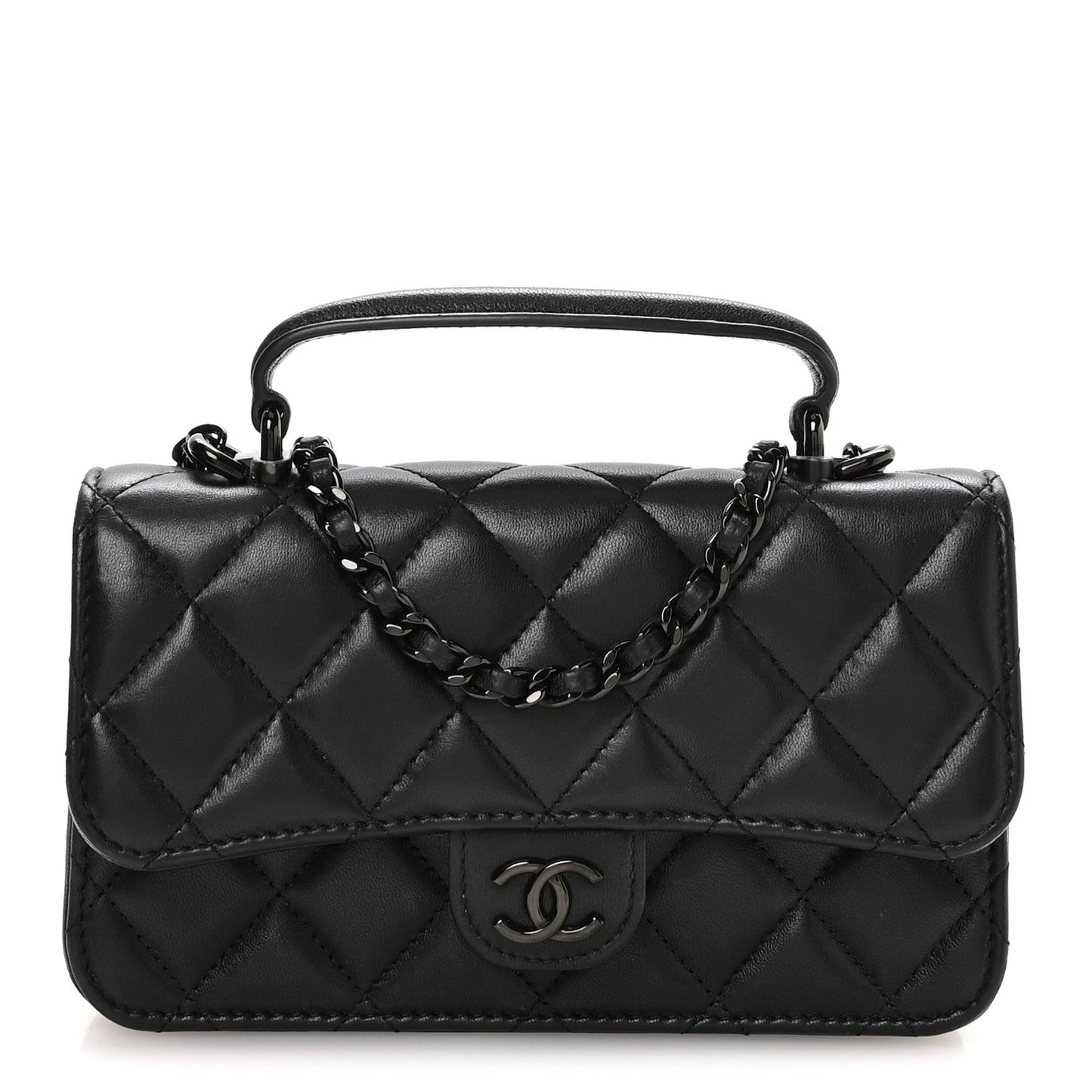 Lambskin Quilted Flap Phone Holder With Chain So Black