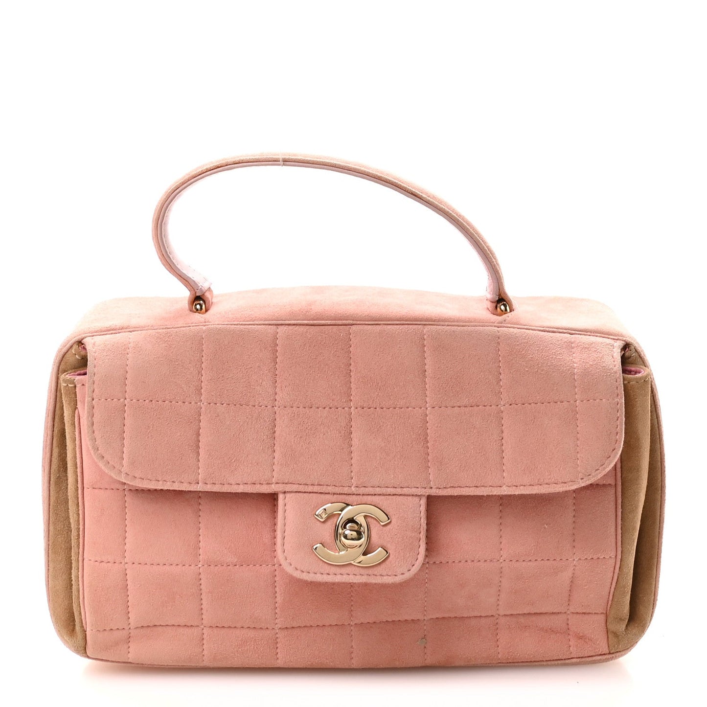 Suede Chocolate Bar Top Handle Flap Pink Beige