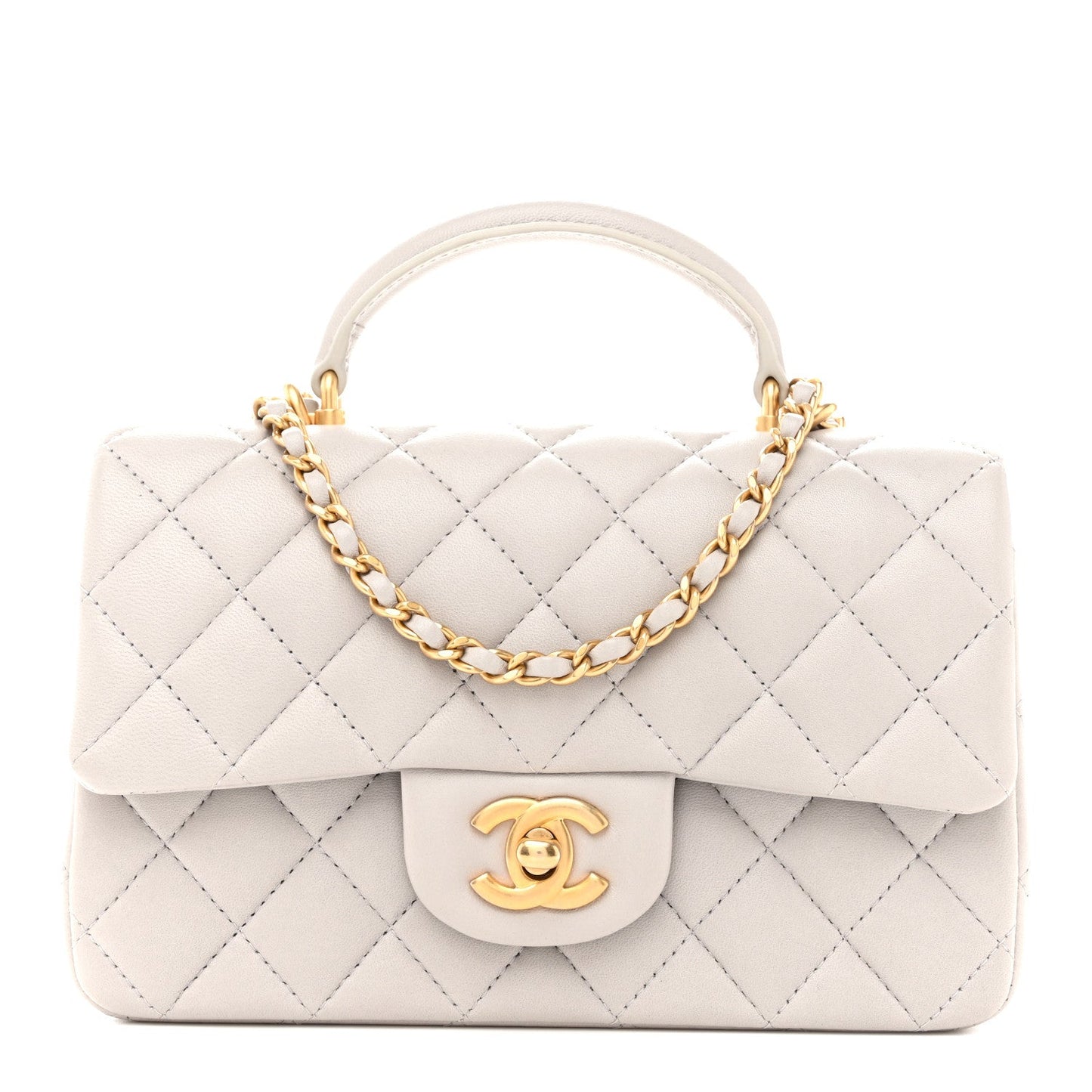 Lambskin Quilted Mini Top Handle Rectangular Flap Grey