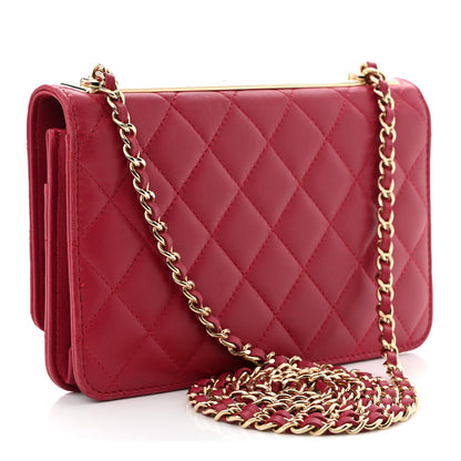 Lambskin Quilted Trendy CC Wallet On Chain WOC Dark Pink