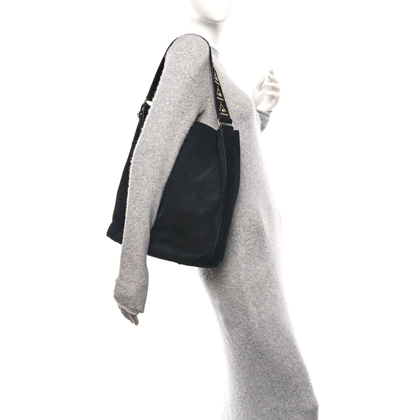 Suede Studded Bucket Bag Black