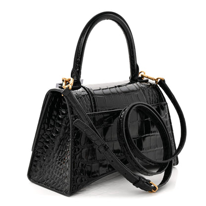 Shiny Calfskin Crocodile Embossed Small Hourglass Top Handle Bag  Black