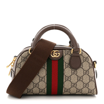 GG Supreme Monogram Textured Dollar Calfskin Web Mini Ophidia Top Handle Bowler Bag Beige Ebony New Acero