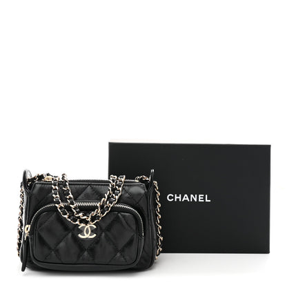 Shiny Crumpled Lambskin Quilted Mini Clutch With Chain Black