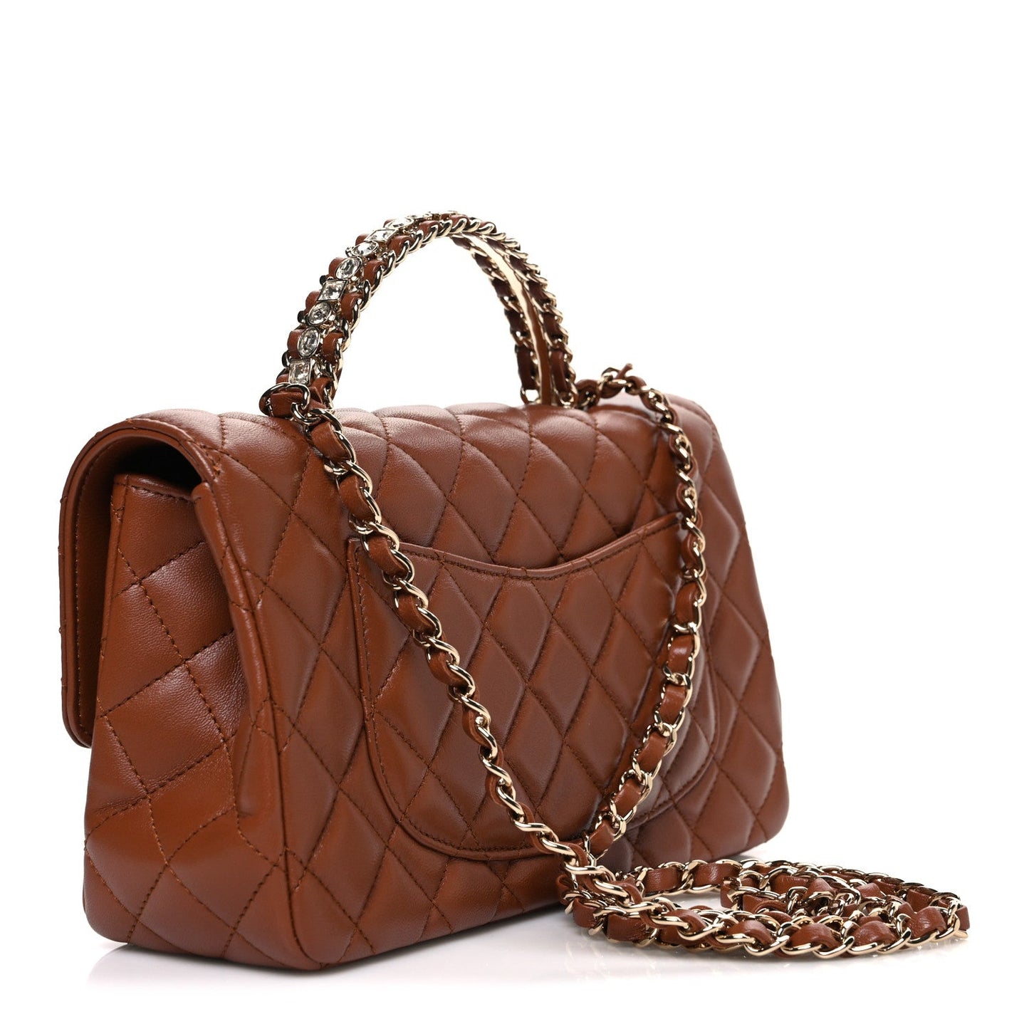 Lambskin Quilted Medium Crystal Top Handle Rectangular Flap Brown