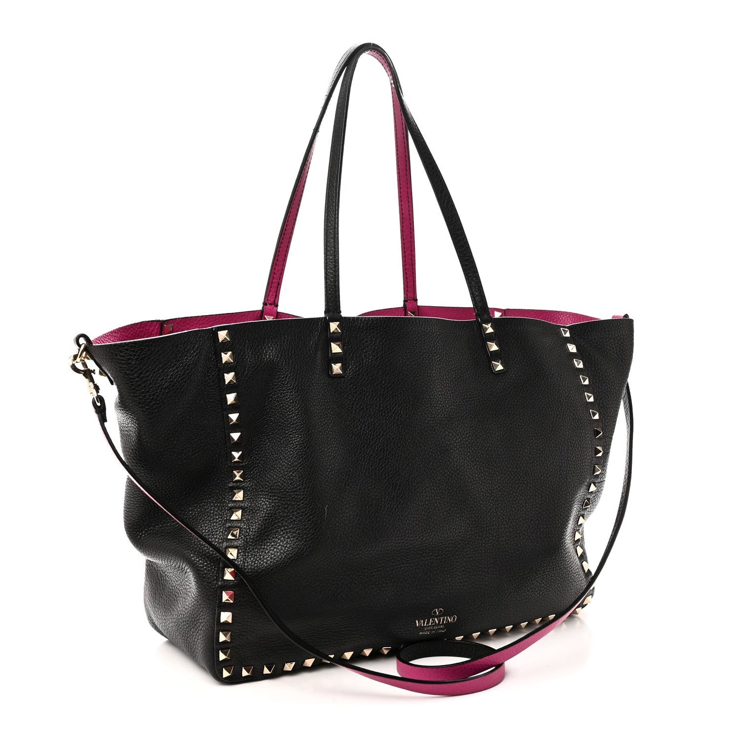 Grained Calfskin Medium Rockstud Reversible Tote Black Rose Violet