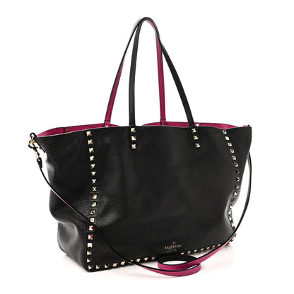 Grained Calfskin Medium Rockstud Reversible Tote Black Rose Violet