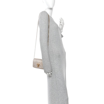 Satin Crystal Medusa Chain Clutch Beige