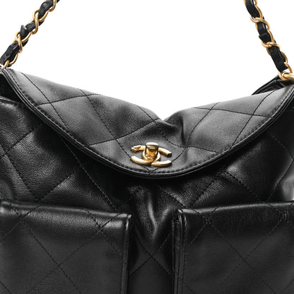 Shiny Calfskin Quilted Small Supple Twins Hobo Bag Black