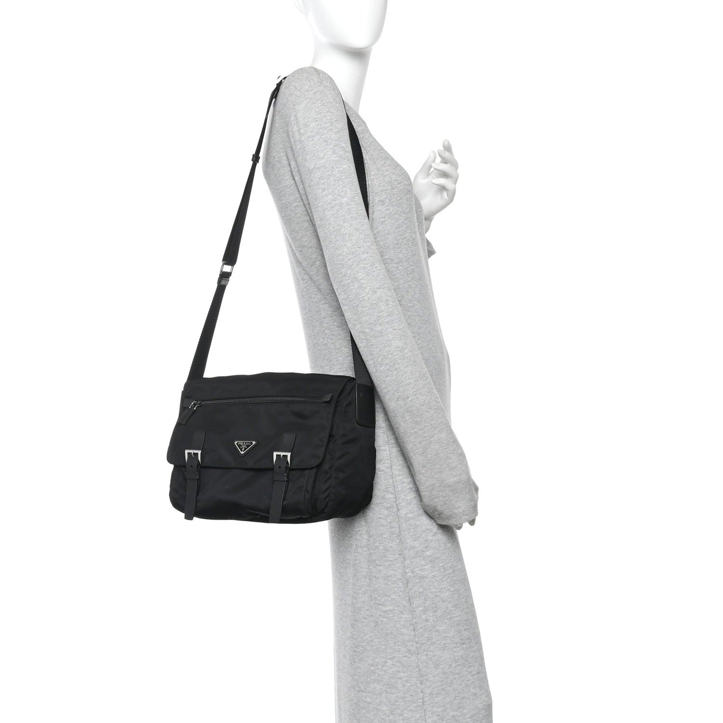 Tessuto Nylon Saffiano Double Buckle Messenger Shoulder Bag Black