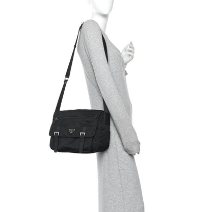 Tessuto Nylon Saffiano Double Buckle Messenger Shoulder Bag Black