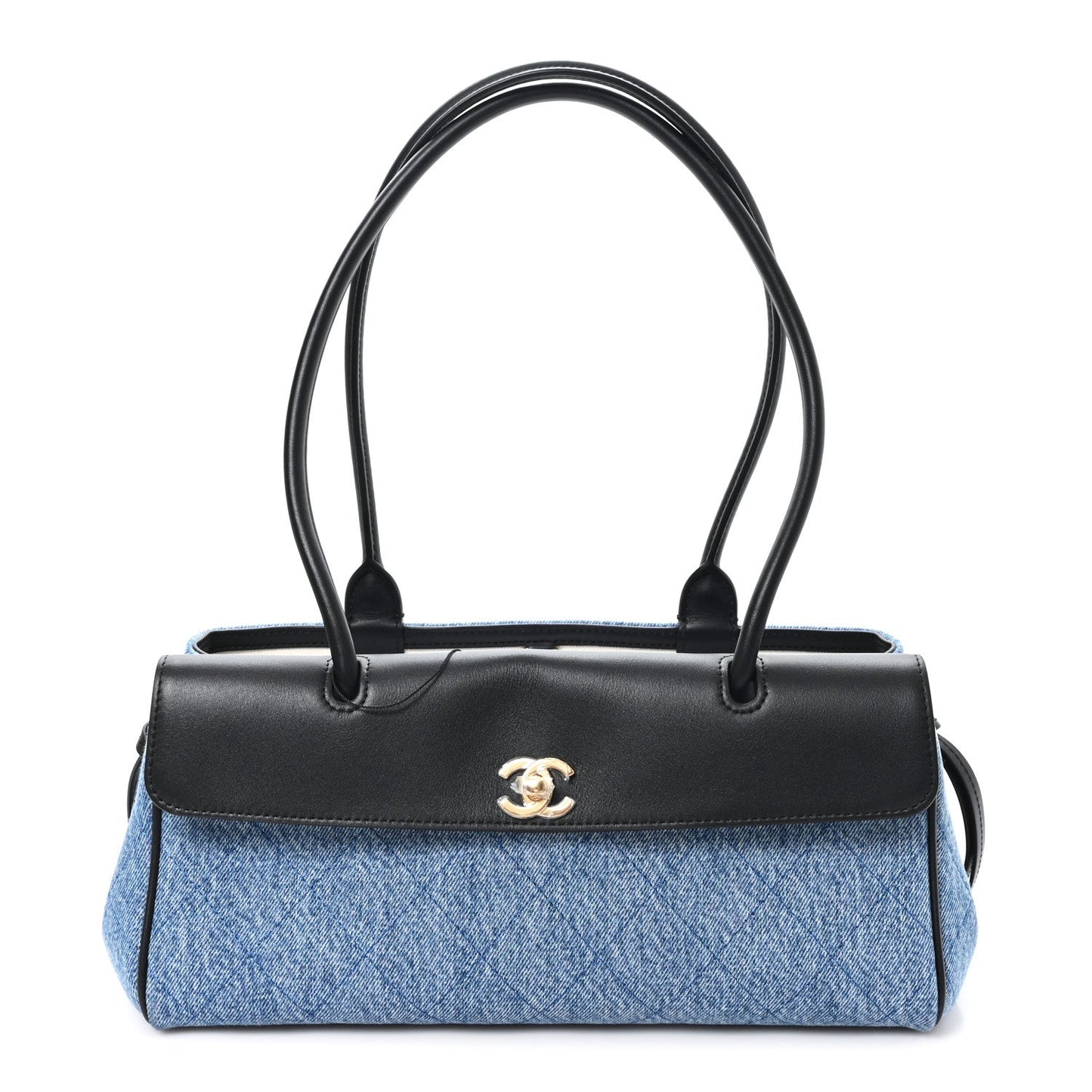 Calfskin Denim Stitched Urban Essentials Small Shopping Bag Blue Black