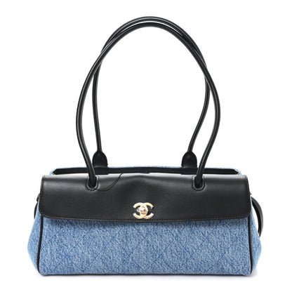 Calfskin Denim Stitched Urban Essentials Small Shopping Bag Blue Black