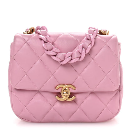 Lambskin Quilted Mini Lacquered Chain Flap Pink