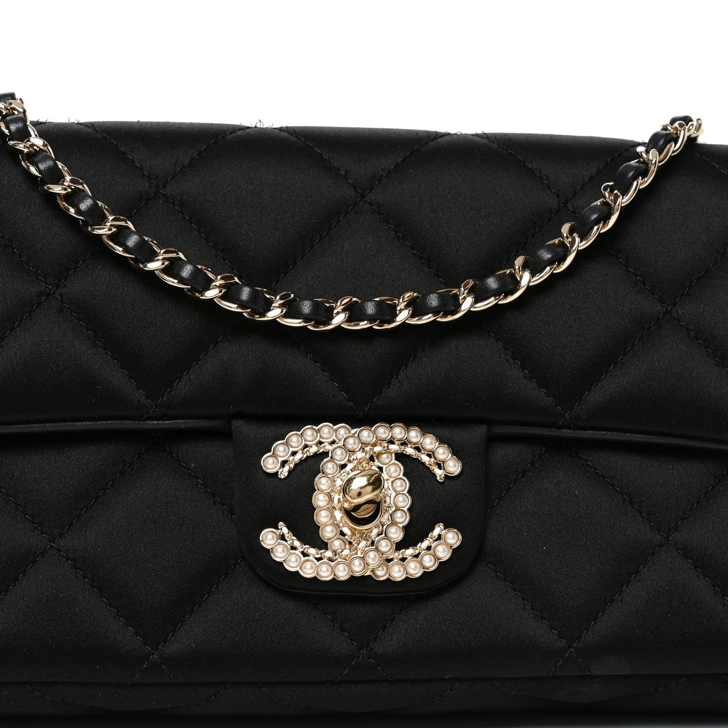 Satin Quilted Pearl CC Flap Clutch Black
