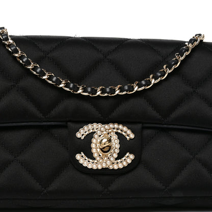 Satin Quilted Pearl CC Flap Clutch Black