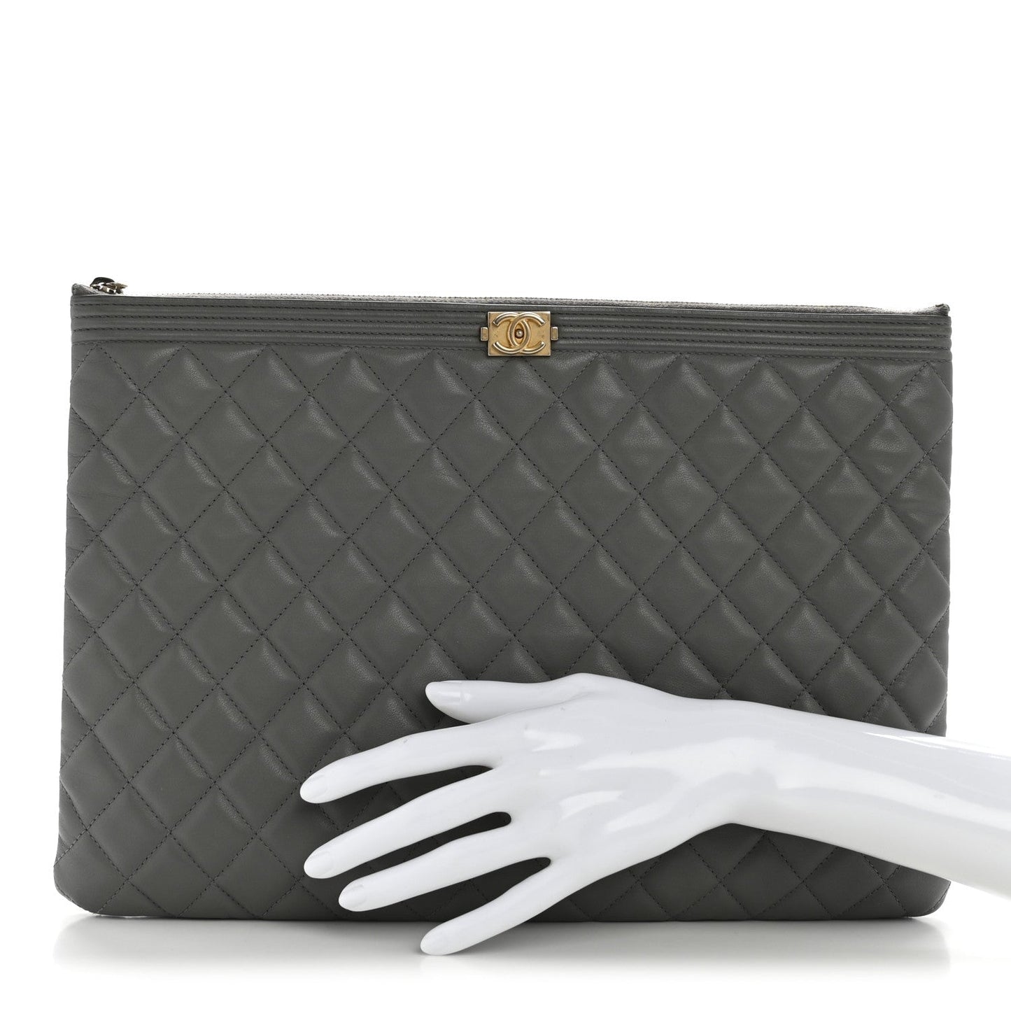 Lambskin Quilted Large Boy Zip Pouch Grey