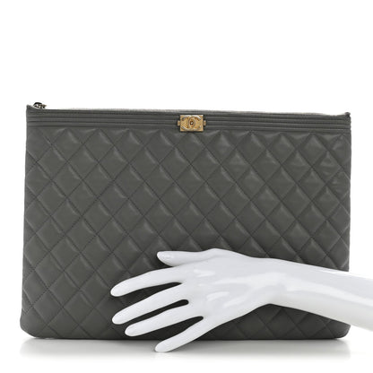 Lambskin Quilted Large Boy Zip Pouch Grey