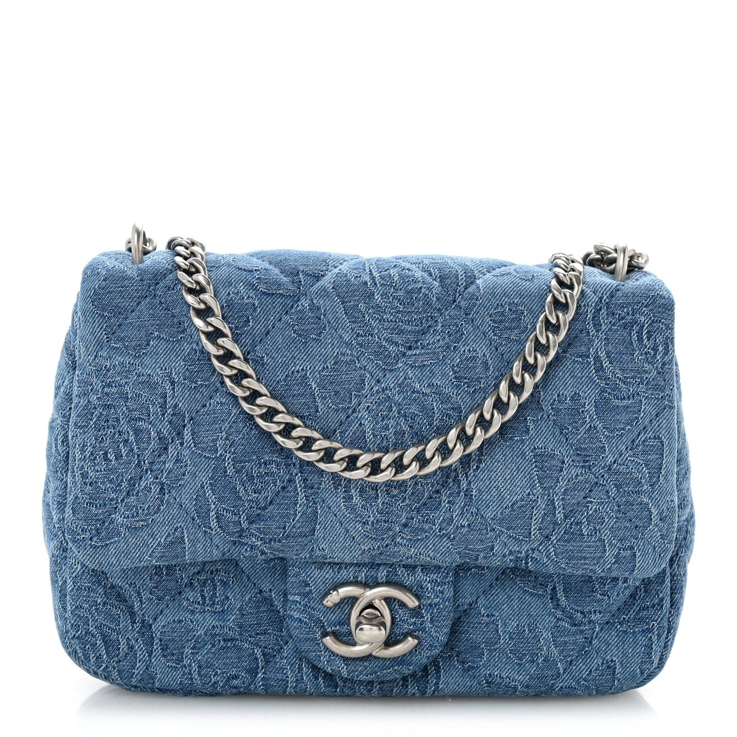 Denim Quilted Camellia Sweetheart Mini Flap Blue