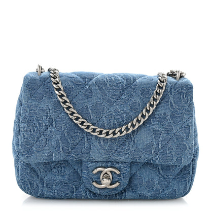 Denim Quilted Camellia Sweetheart Mini Flap Blue
