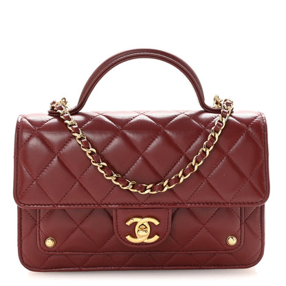 Lambskin Quilted Top Handle Clutch With Chain Burgundy
