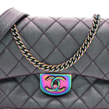 Iridescent Goatskin Quilted Small Double Carry Waist Chain Flap Purple