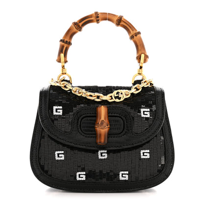 Sequin Lizard Embossed GG Mini Bamboo 1947 Top Handle Chain Bag Black White