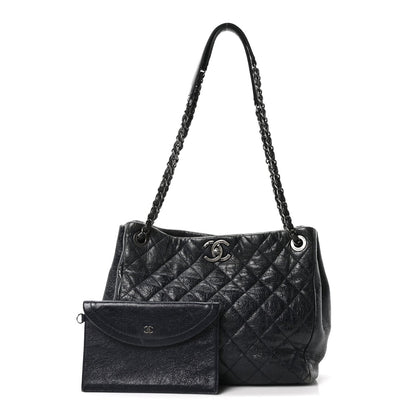 Glazed Calfskin Quilted Tote Navy