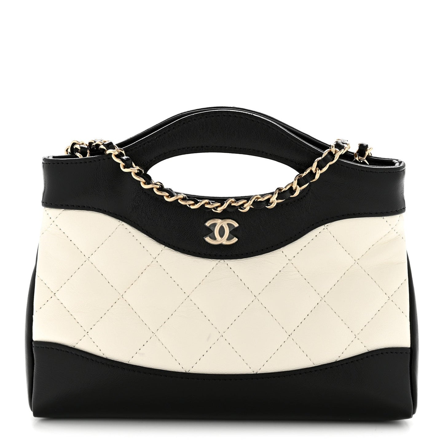 Shiny Crumpled Calfskin Quilted Nano 31 Shopping Bag White Black
