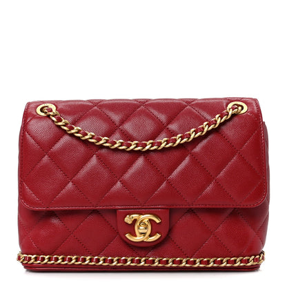 Caviar Quilted Camellia Chain Around Flap Red