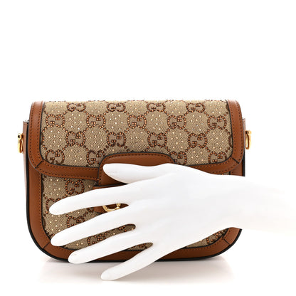 New Canvas Charisma Calfskin Crystal GG Monogram Mini Horsebit 1955 Shoulder Bag Camel Ebony