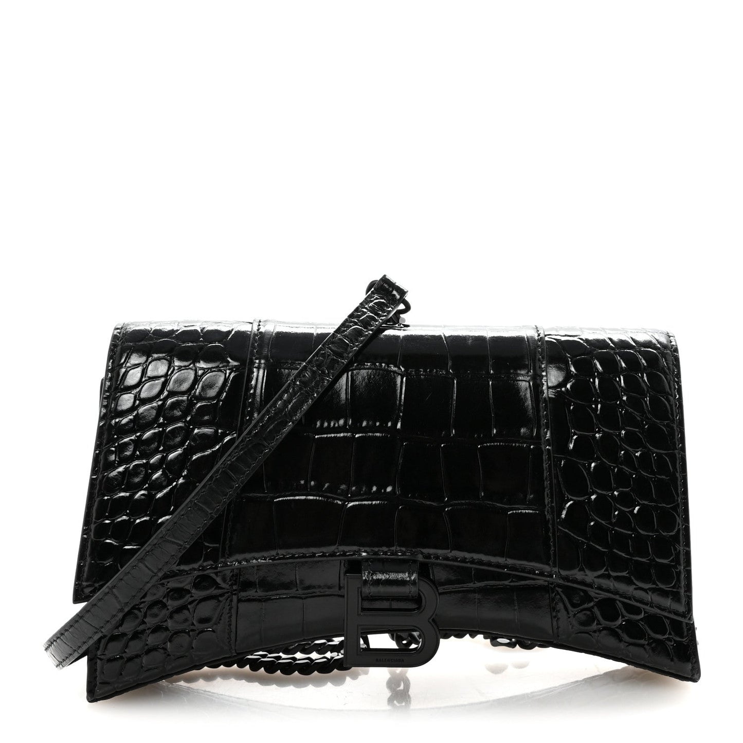 Shiny Calfskin Monochrome Crocodile Embossed Small Hourglass Evening Chain Bag Black