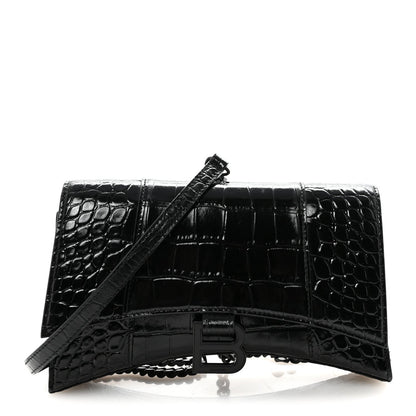 Shiny Calfskin Monochrome Crocodile Embossed Small Hourglass Evening Chain Bag Black